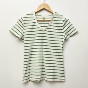 Cotton White/Green Striped V-Neck T-Shirt